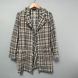 Karen Kane Lifestyle Open Tweed Style Plaid Coat Blue / white / Black Size Large